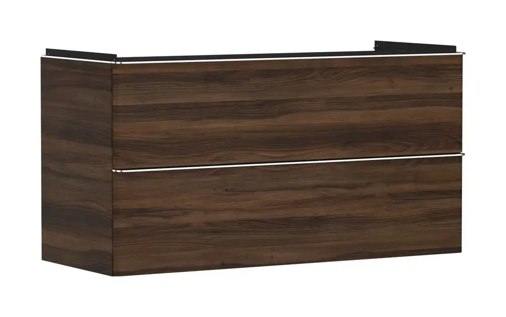 Hansgrohe Waschtischunterschrank in dunkler Holzoptik mit zwei Schubkästen. Das Möbelstück bietet Stauraum und ist zur Montage unter einem Waschtisch geeignet.